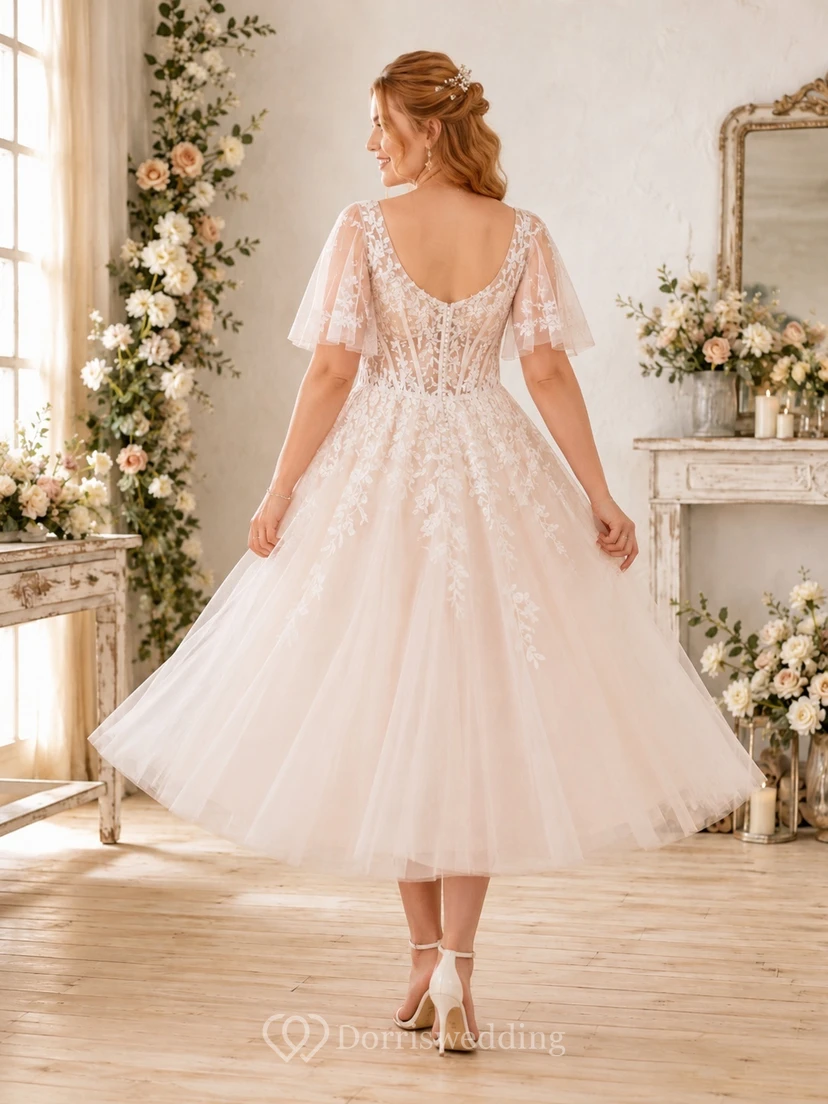Plus-Size Blush Teelänge Eckiger Ausschnitt Korsettspitze Flatterärmel Tüll A-Linien-Brautkleid view 2