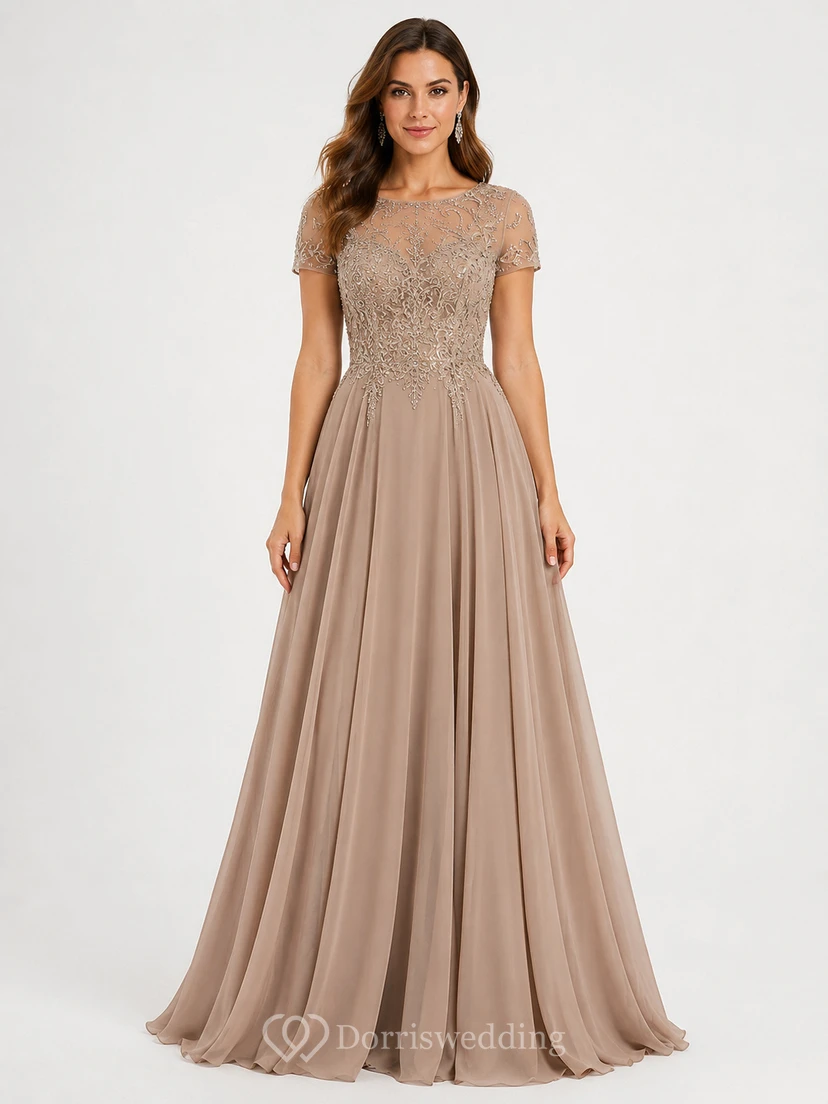Vestido de encaje de corte A para la madre de la novia con detalles de joyas, manga corta y pliegues de encaje, largo hasta el suelo.