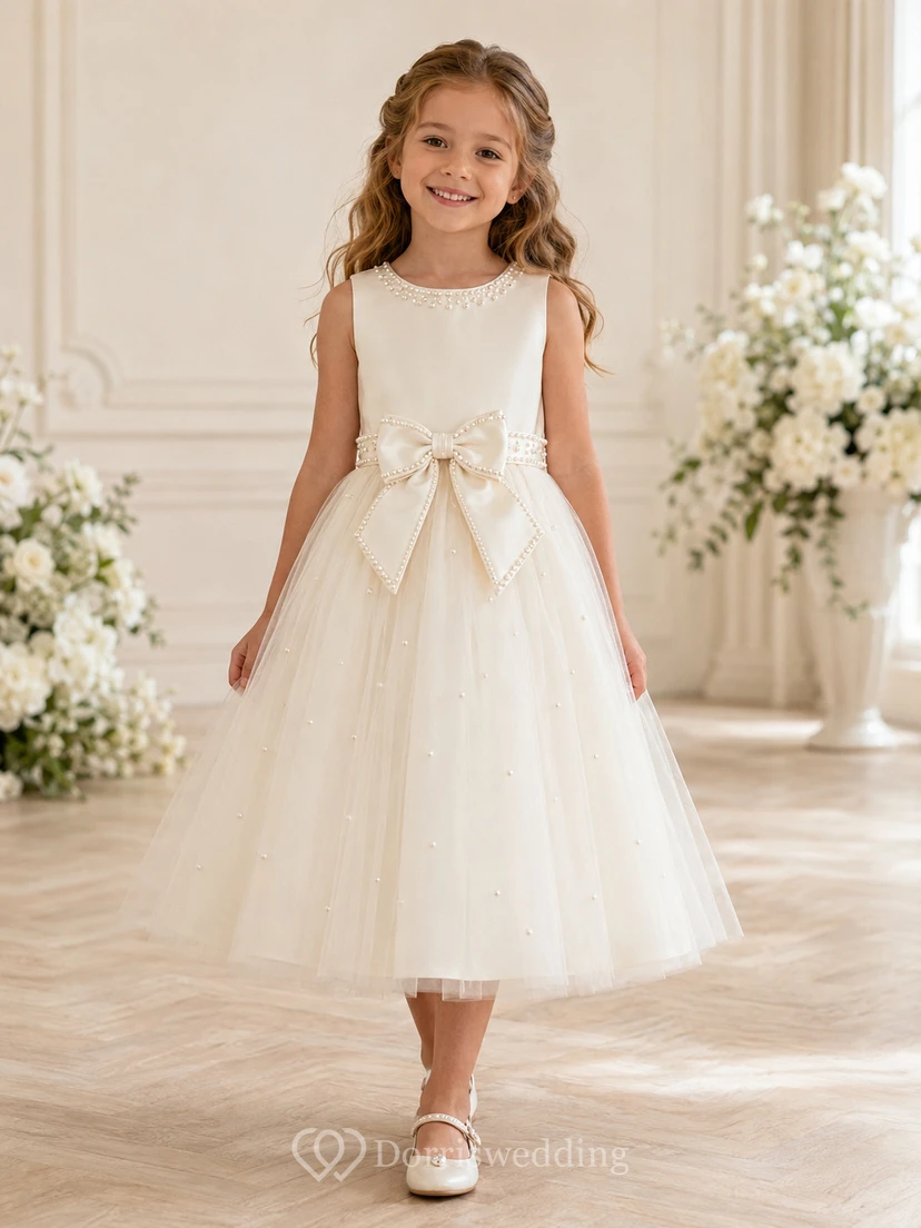 Klassisches A-Linien-Kleid aus Tüll für Blumenmädchen mit Rundhalsausschnitt, wadenlangem Rock und Schleifendetail