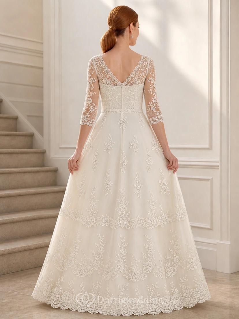 Schlichtes, florales, elegantes A-Linien-Kleid aus Spitze mit bodenlangem U-Boot-Ausschnitt und Dreiviertelärmeln für die Mutter der Braut view 2
