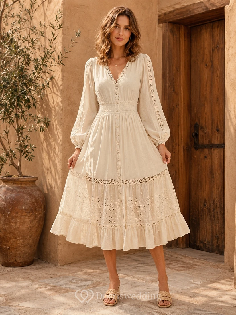 Cream V-Neck Long Poet Sleeve Lace Ruffle A-Line Tea-Length Bohemian Dress
