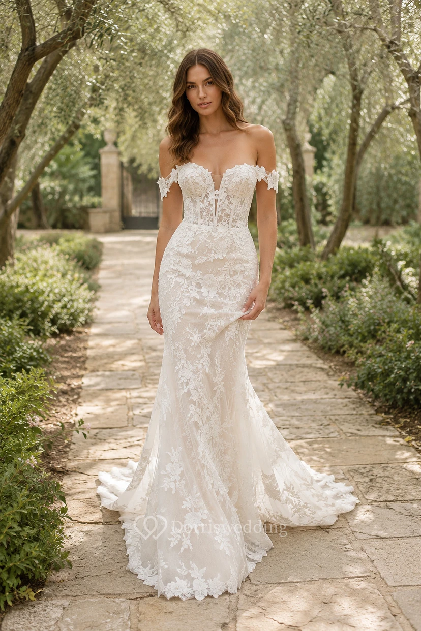 Robe de mariée sirène en dentelle à épaules dénudées et traîne balayée