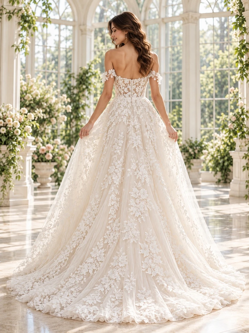 Off Shoulder Sweetheart Floral Lace Full A-Line Wedding Dress view 2