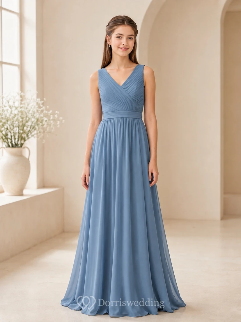 Vestido de dama de honor juvenil azul acero, corte en A, escote en V, sin mangas, plisado, sencillo.