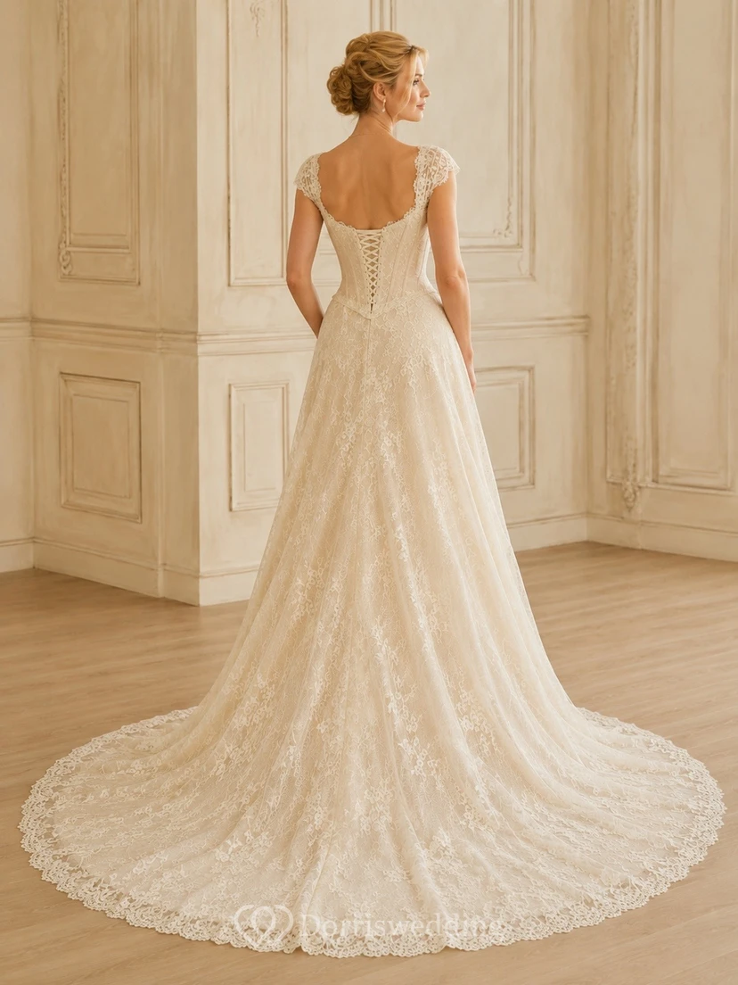 Vestido de novia vintage de corte A con corsé de encaje y mangas cortas view 2