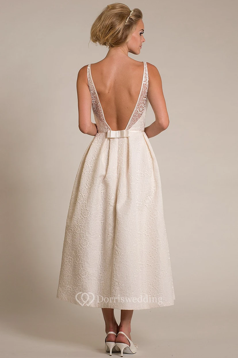 A-Line Tea-Length Sleeveless Bateau-Neck Lace Short Wedding Dress With Deep-V Back view 2
