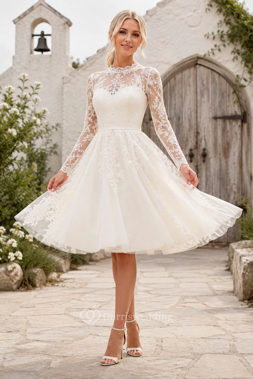 Robe de mariée mi-longue en dentelle à manches longues et dos illusion