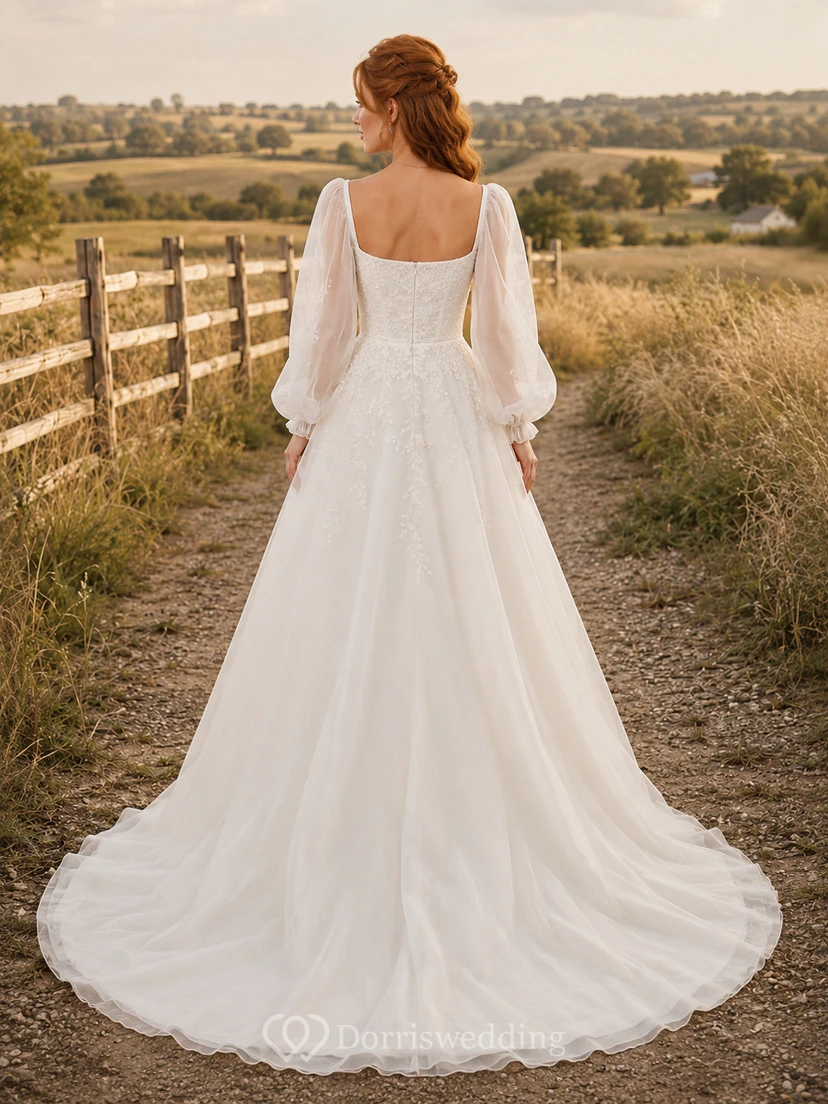 Brautkleid aus Chiffon im Landhausstil, A-Linie, eckiger Ausschnitt, Puffärmel, bodenlang, tiefer V-Ausschnitt am Rücken view 2