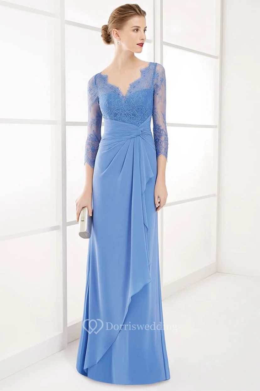Sheath Maxi 3-4-Sleeve Lace V-Neck Chiffon Prom Dress With Draping