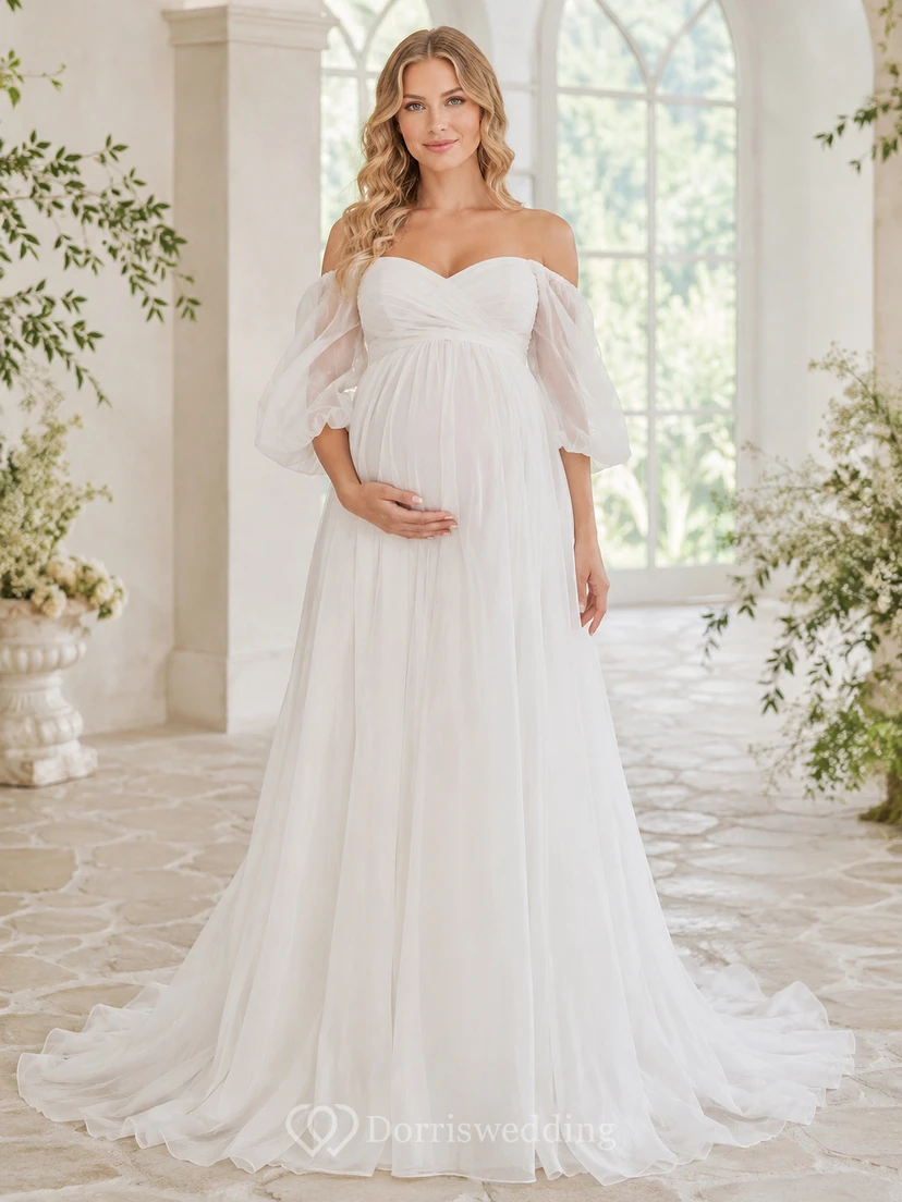 Maternity Wedding Dress Off-the-Shoulder Bell Sleeve Simple A-Line Garden Bridal Gown