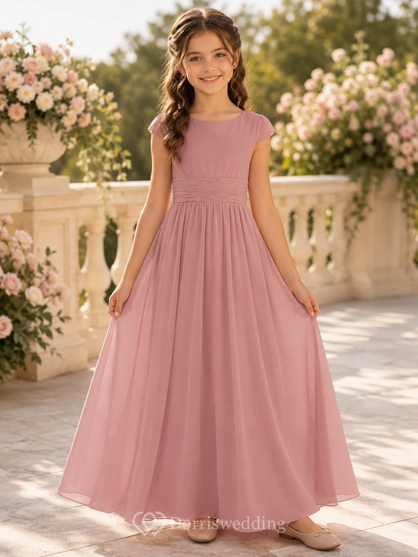 Brautjungfernkleid in Altrosa, A-Linie, Rundhalsausschnitt, kurze Flügelärmel, bezaubernd, romantisch