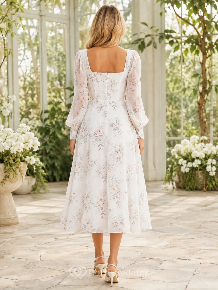 Robe de jardin blanche à fleurs en mousseline de soie, col carré, coupe trapèze, manches longues, longueur thé view 2