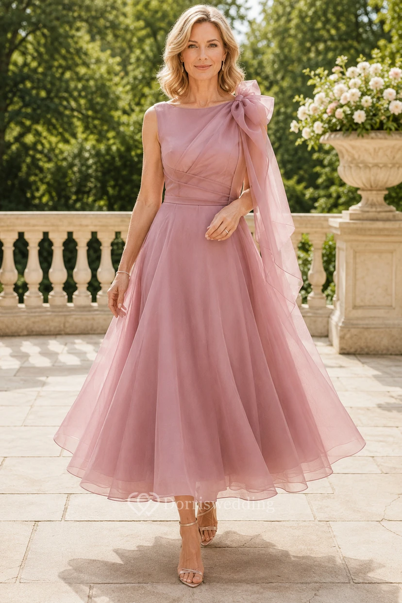 Altrosafarbenes, schulterfreies, teelanges Tüllkleid für Mütter