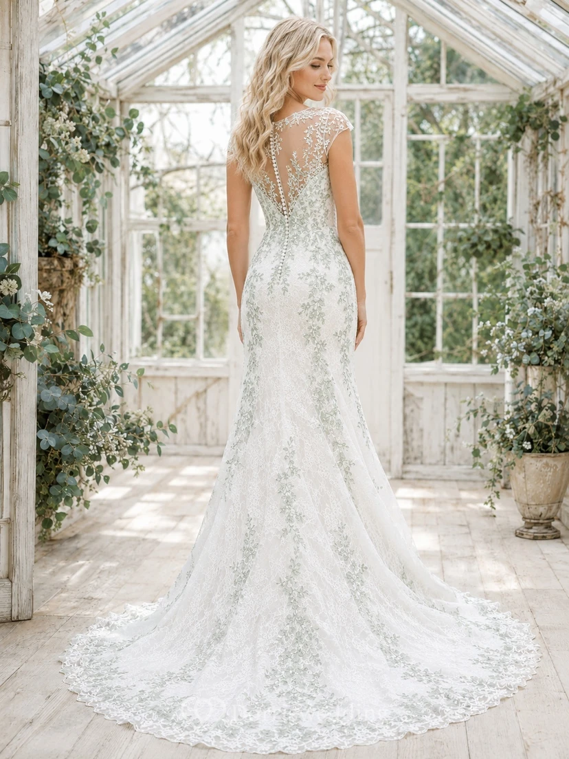 Robe de mariée sirène/trompette à empiècements céladon, sans manches, col en V, traîne chapelle, romantique et élégante view 2