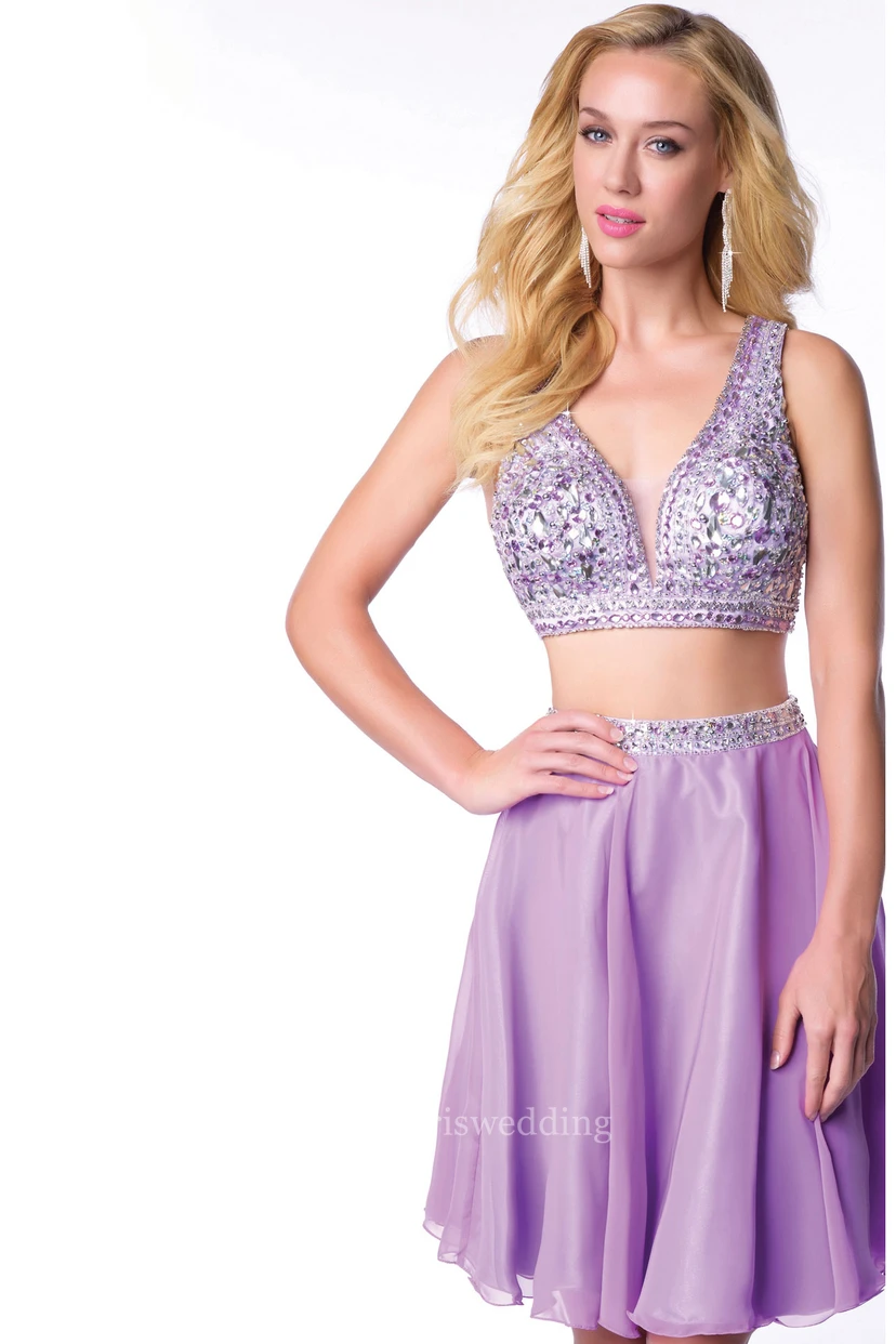 Two-Piece Sleeveless Chiffon Short Homecoming Dress With Bling Bust