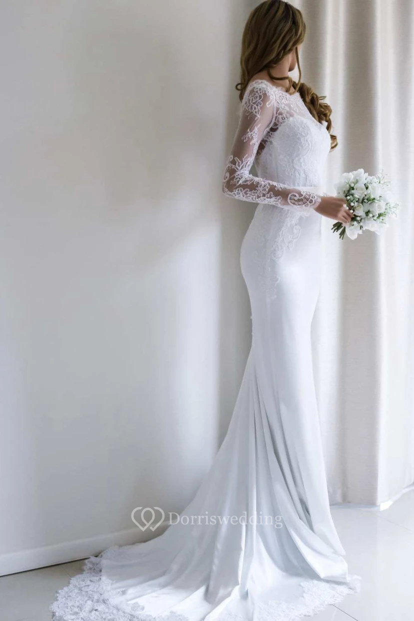 Bateau Lace Long Sleeve Sheath Chiffon Modest Wedding Dress With Sweep Train