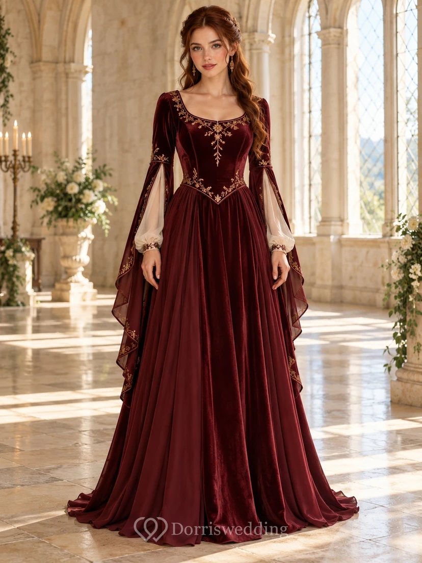 Renaissance Burgundy Scoop Neck Split Long Sleeve Velvet Bridesmaid Dress