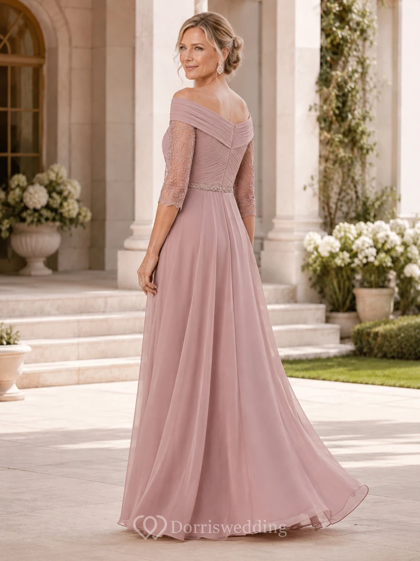 A-Line Off-the-Shoulder 3/4 Length Sleeve Chiffon Mother Dress with Ruching view 2