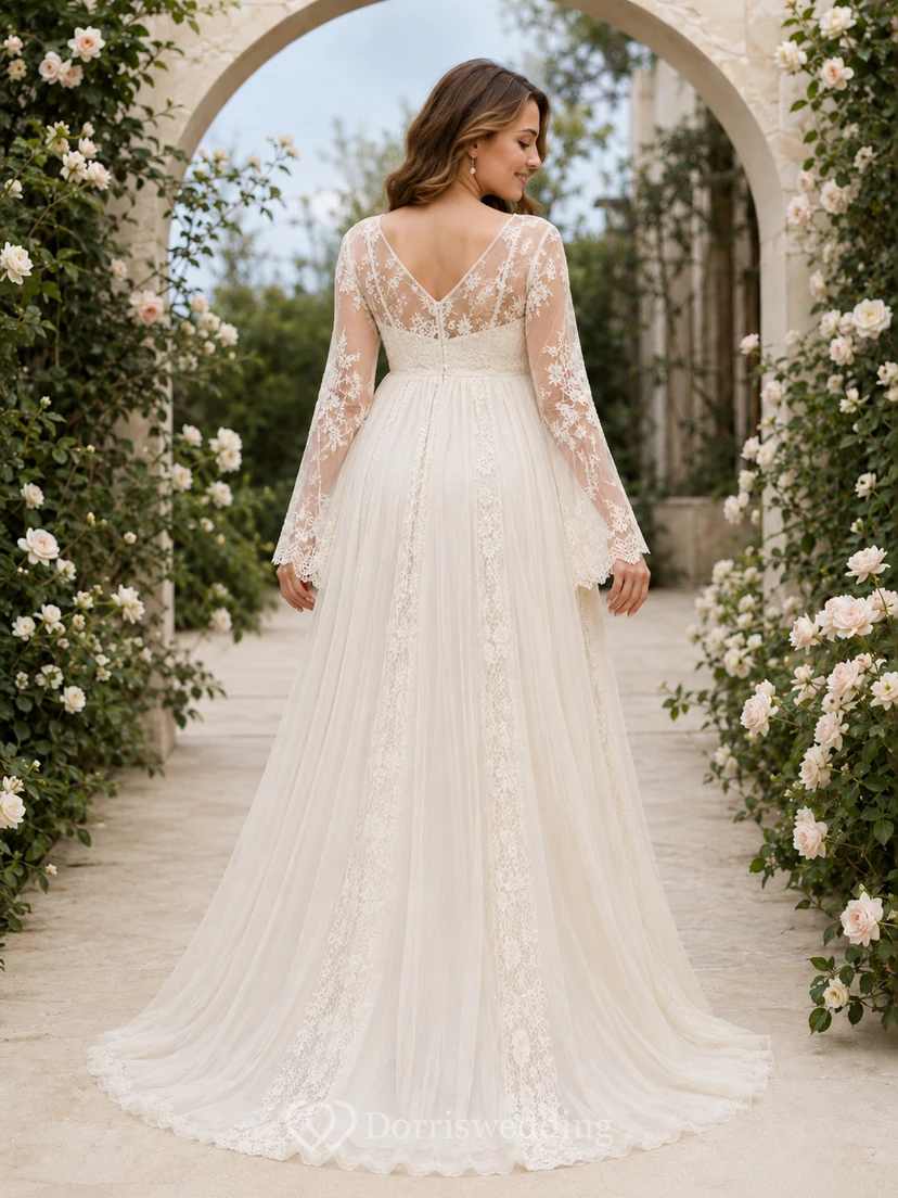 Robe de mariée de maternité à manches longues en dentelle, col en V, coupe empire et trapèze view 2