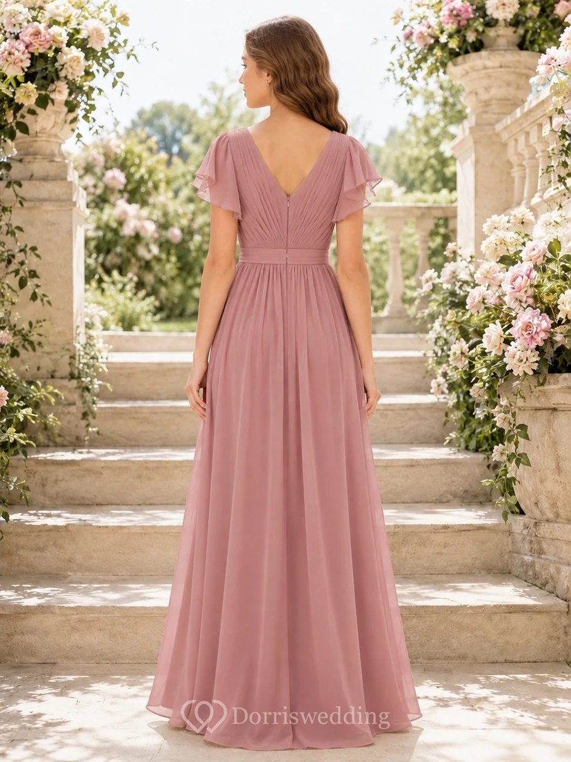Elegantes Brautjungfernkleid in Altrosa, A-Linie, V-Ausschnitt, kurze Ärmel, plissiert view 2
