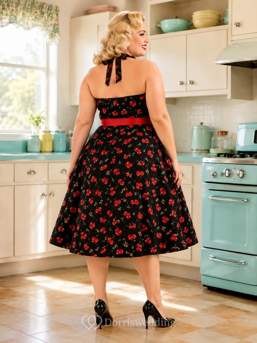 Vestido de cóctel vintage negro con estampado floral, talla grande, largo hasta la rodilla, con lazo en la cintura. view 2