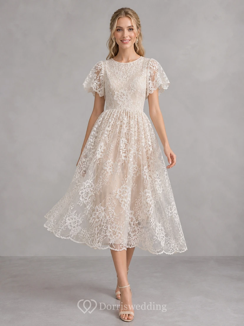 Vintage Teelänge A-Linie Spitzenkleid mit flatternden Ärmeln für standesamtliche Hochzeiten