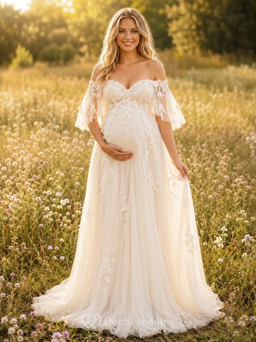 Maternity Wedding Dress Off-the-Shoulder Lace Sleeve A-Line Country Bridal Gown with Train