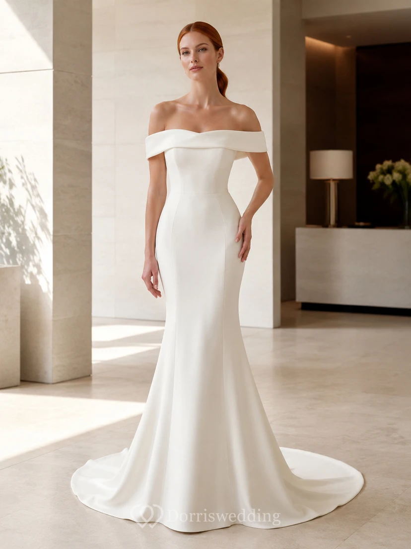Chiffon Wedding Dress Sheath Off Shoulder Floor Length Low V Back Bridal Gown