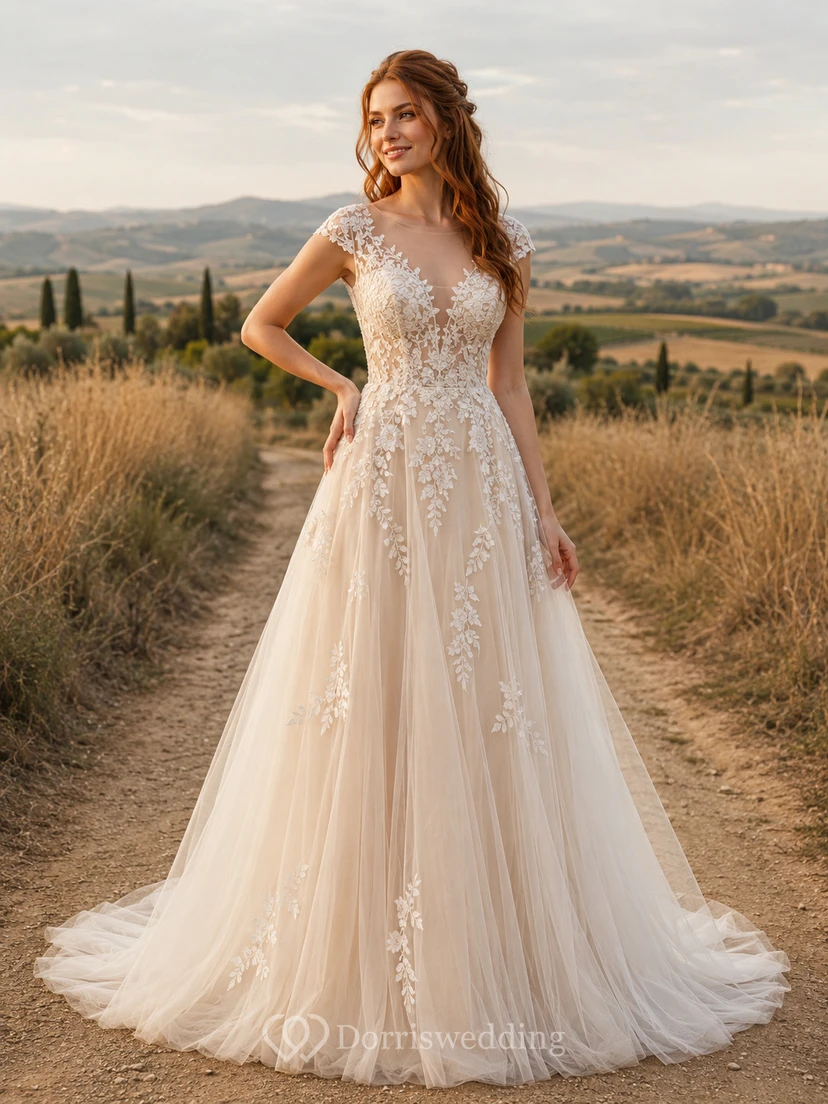 Vestido de novia de tul y encaje campestre, corte A, escote en V, sin mangas, cola de capilla, espalda baja en V.