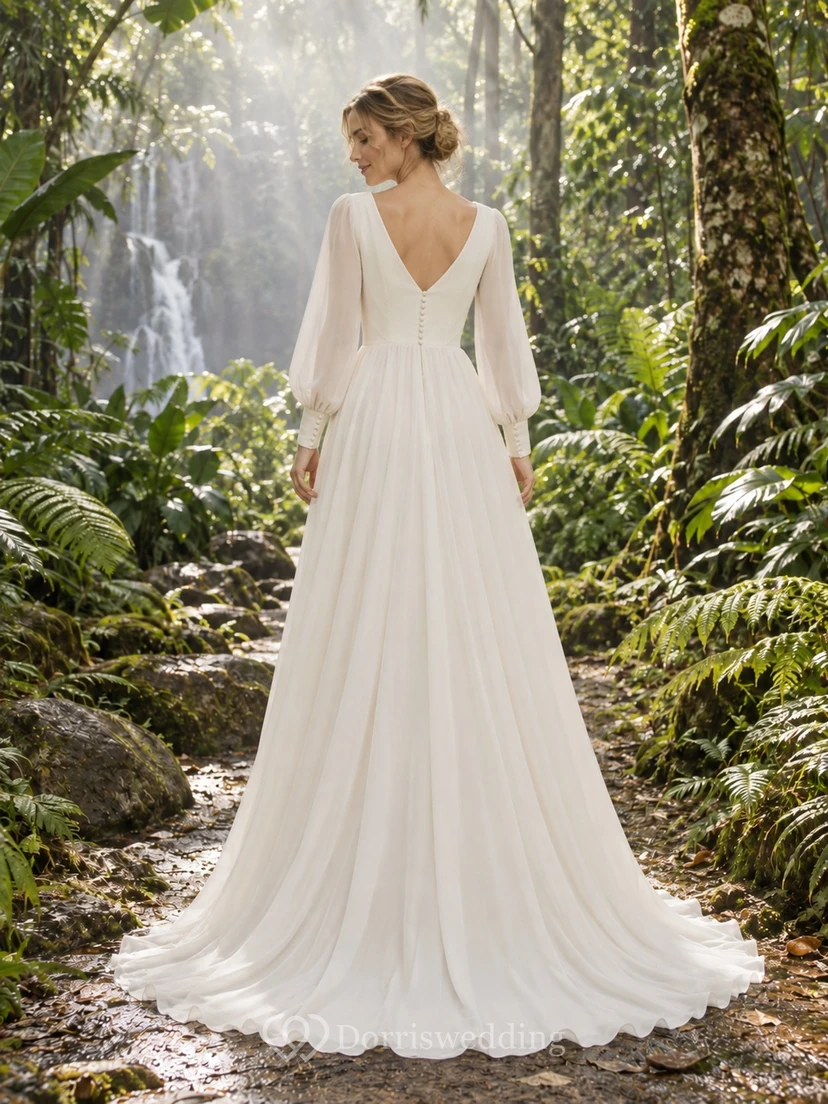 Chiffon-Brautkleid mit V-Ausschnitt, langen Ärmeln, geknöpftem Oberteil und A-Linien-Schleppe view 2