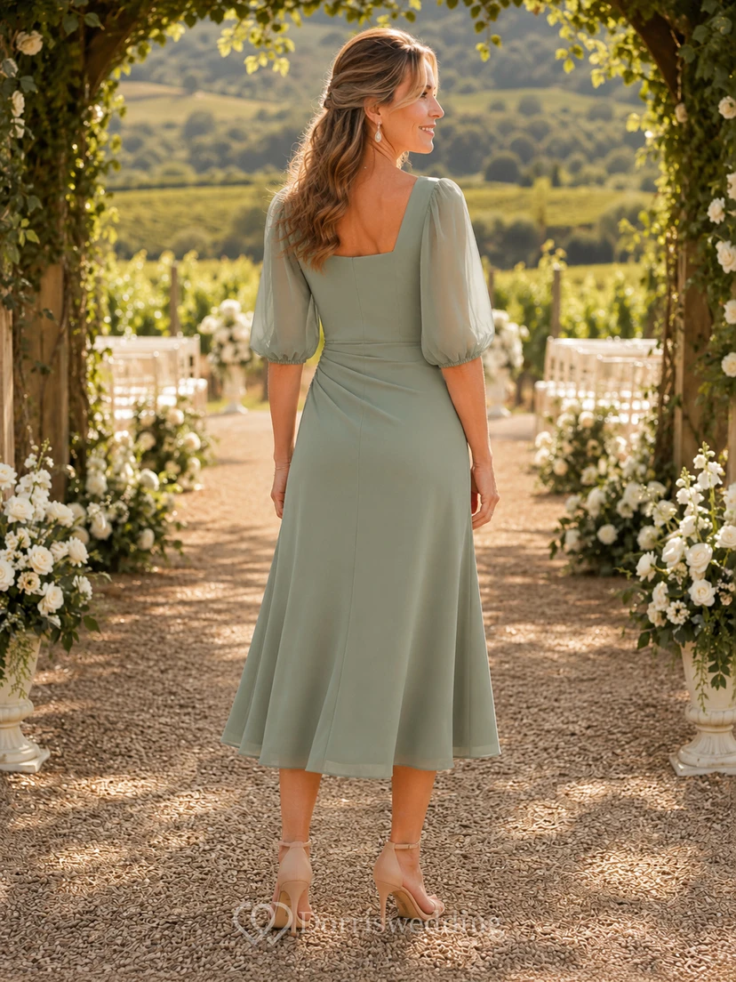 Modernes, eckiges Chiffonkleid mit halben Puffärmeln, taillierter Silhouette und ausgestelltem Rock in Teelänge, ideal für die Mutter der Braut im Freien view 2
