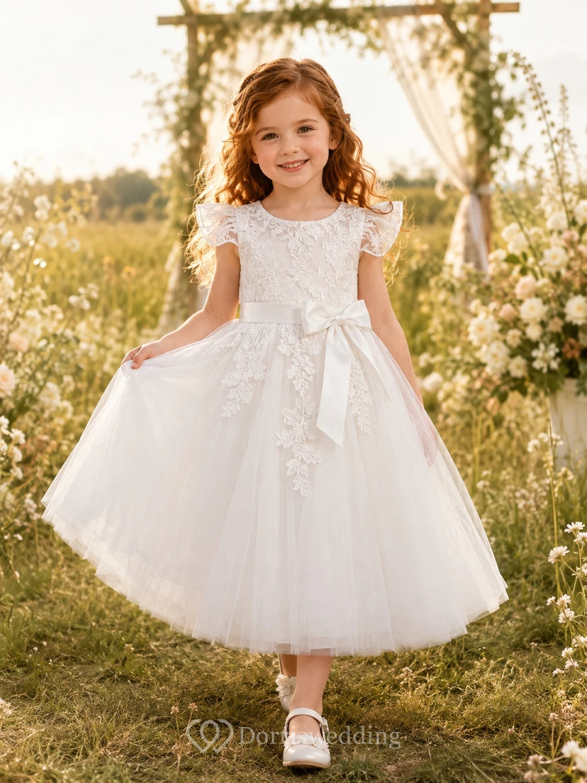 Vestido de niña de las flores, color marfil, encaje y tul, corte en A, manga corta, escote redondo, largo midi, detalle de fajín.