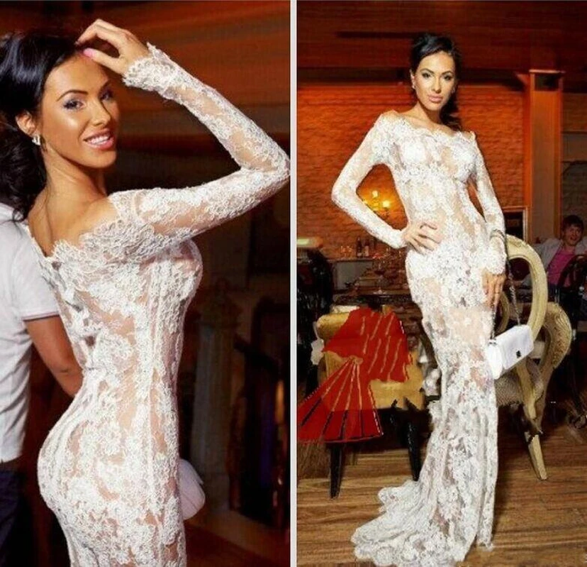 Vestido de fiesta sexy de encaje blanco ilusión con mangas largas de sirena view 2