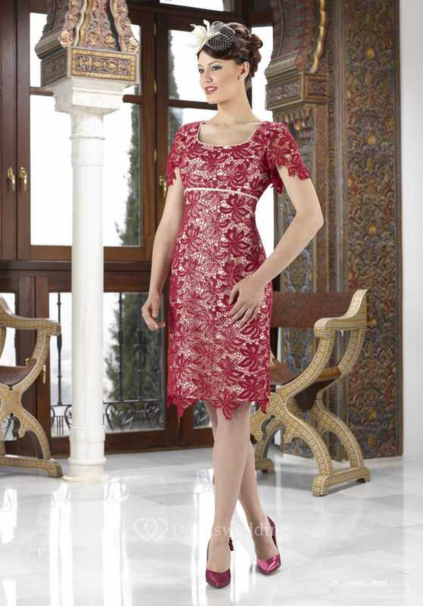 Knee-Length Short Sleeve Square Neck Beaded Lace Mother Of The Bride Dress With Bow