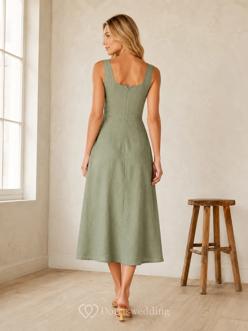 Celadonfarbenes, eckiges Trägerkleid aus Baumwolle mit Ziernähten, lässiges A-Linien-Kleid für den Teegarten view 2