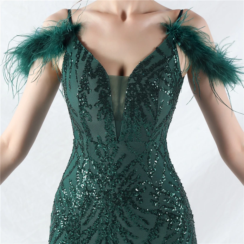 9-farbiges, handgefertigtes Abendkleid aus Kamelfedern, Netzstoff und Pailletten, sexy Trägern view 18