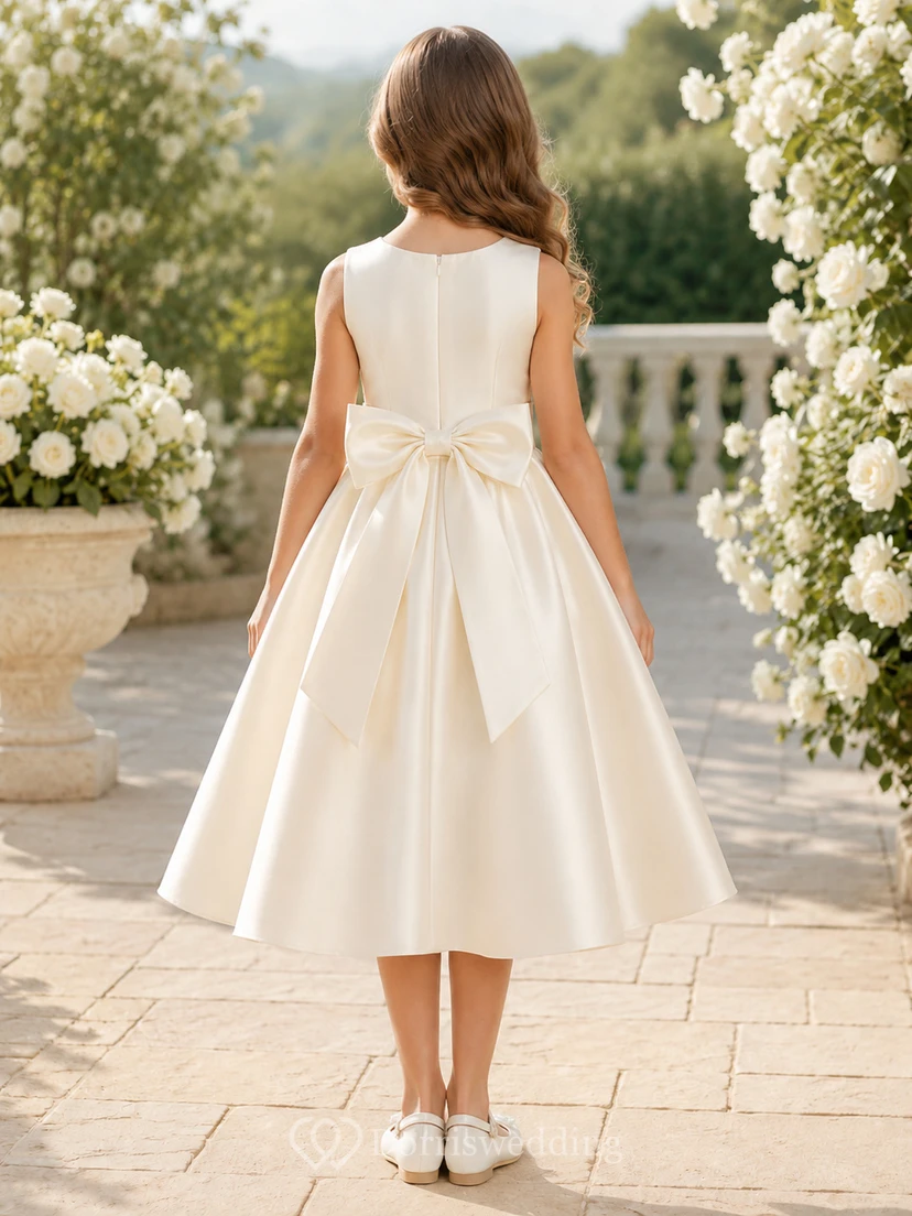 Blumenmädchenkleid aus elfenbeinfarbenem Satin, A-Linie, Rundhalsausschnitt, Teelänge, Schleife am Rücken view 2