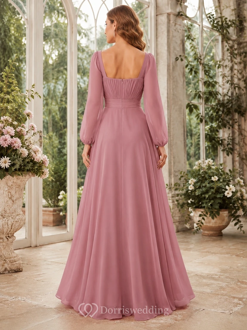 Vintage-Mauve Romantic Square Long-Sleeve Chiffon A-Line Floor-Length Elegant Dress view 2