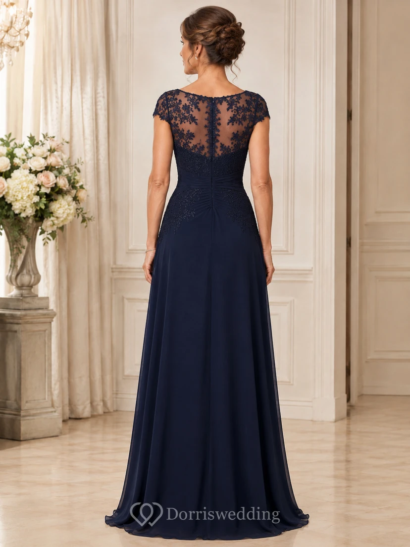Dark Navy Illusion Lace Cap Sleeve Floor-Length Mother Gown view 2