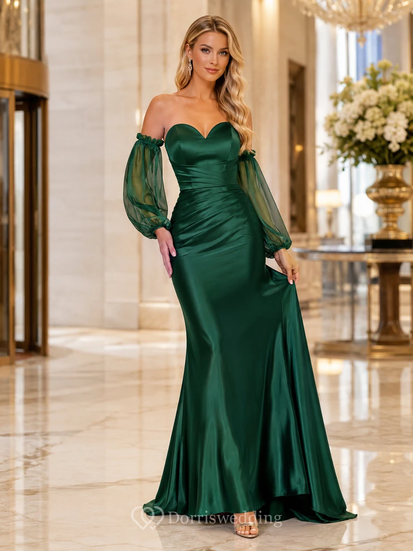 Dark Green Off Shoulder Detachable Sleeve Satin Evening Dress