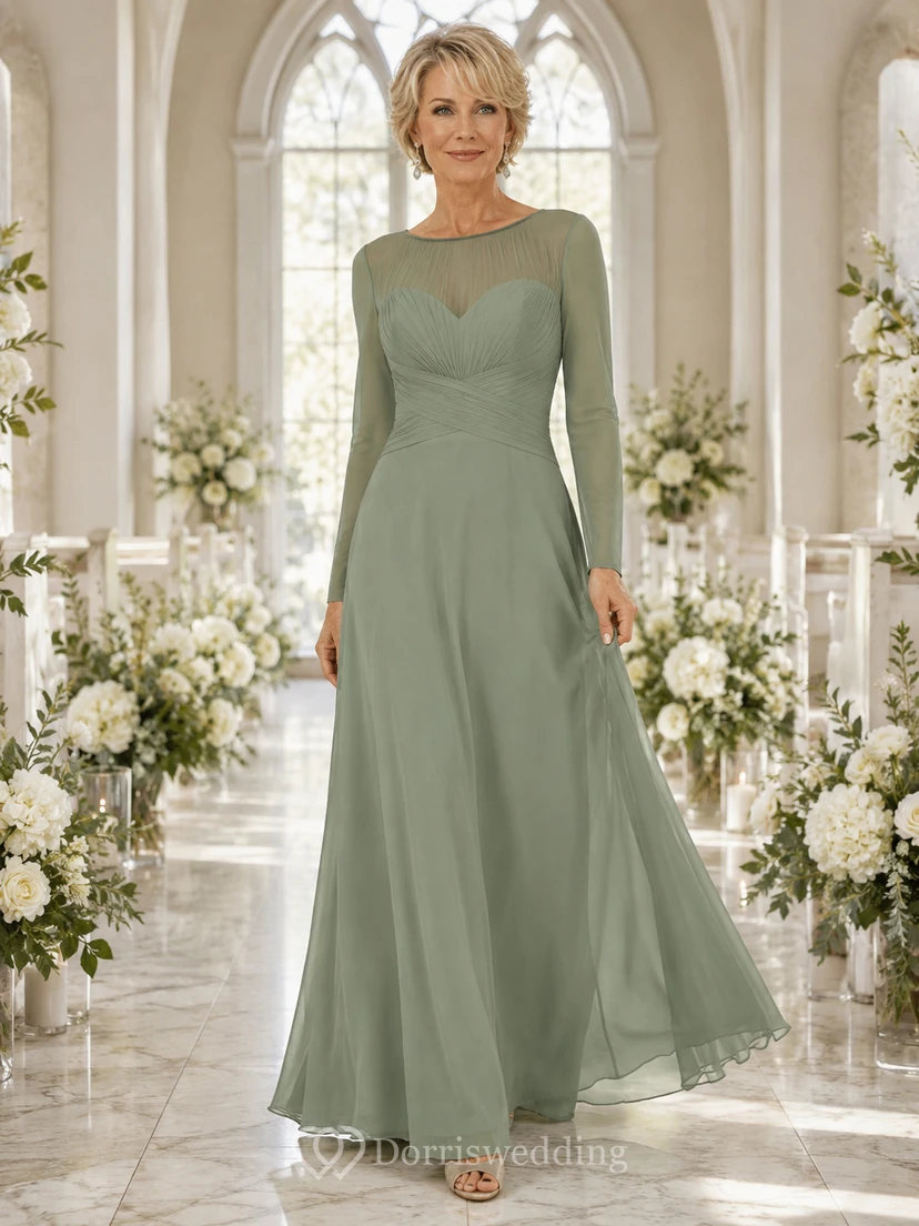Sage illusion sweetheart long sleeve chiffon A line mother gown