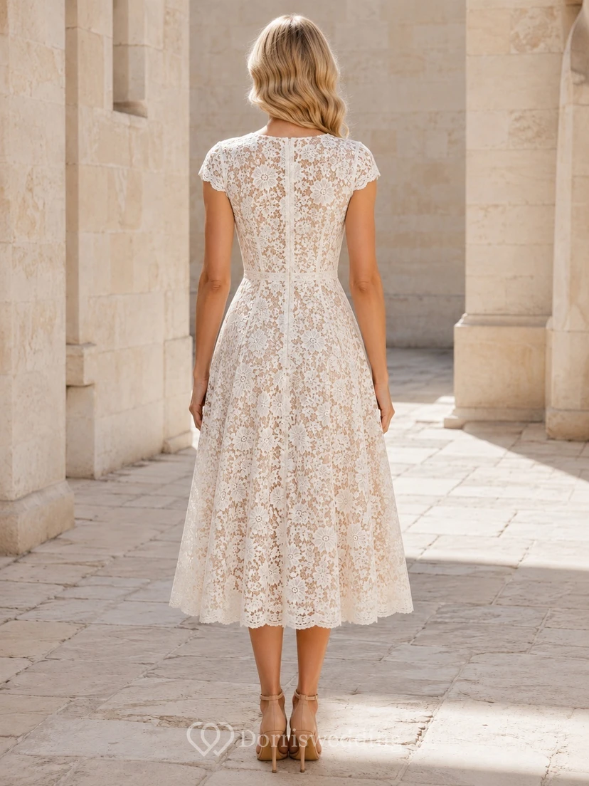 Robe d'invitée blanche en dentelle, col en V, manches courtes, coupe trapèze, longueur thé view 2