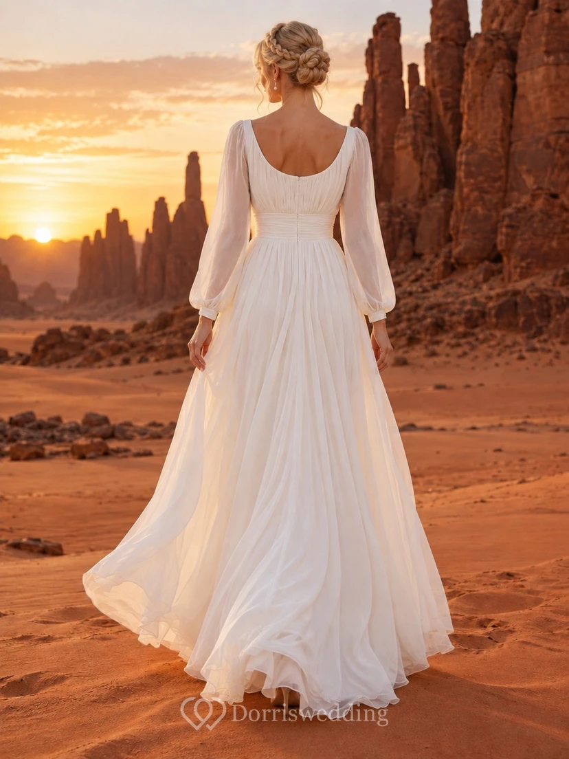 Vestido de novia sencillo de corte A hasta el suelo con escote redondo, mangas largas transparentes, corpiño fruncido y cintura natural. view 2