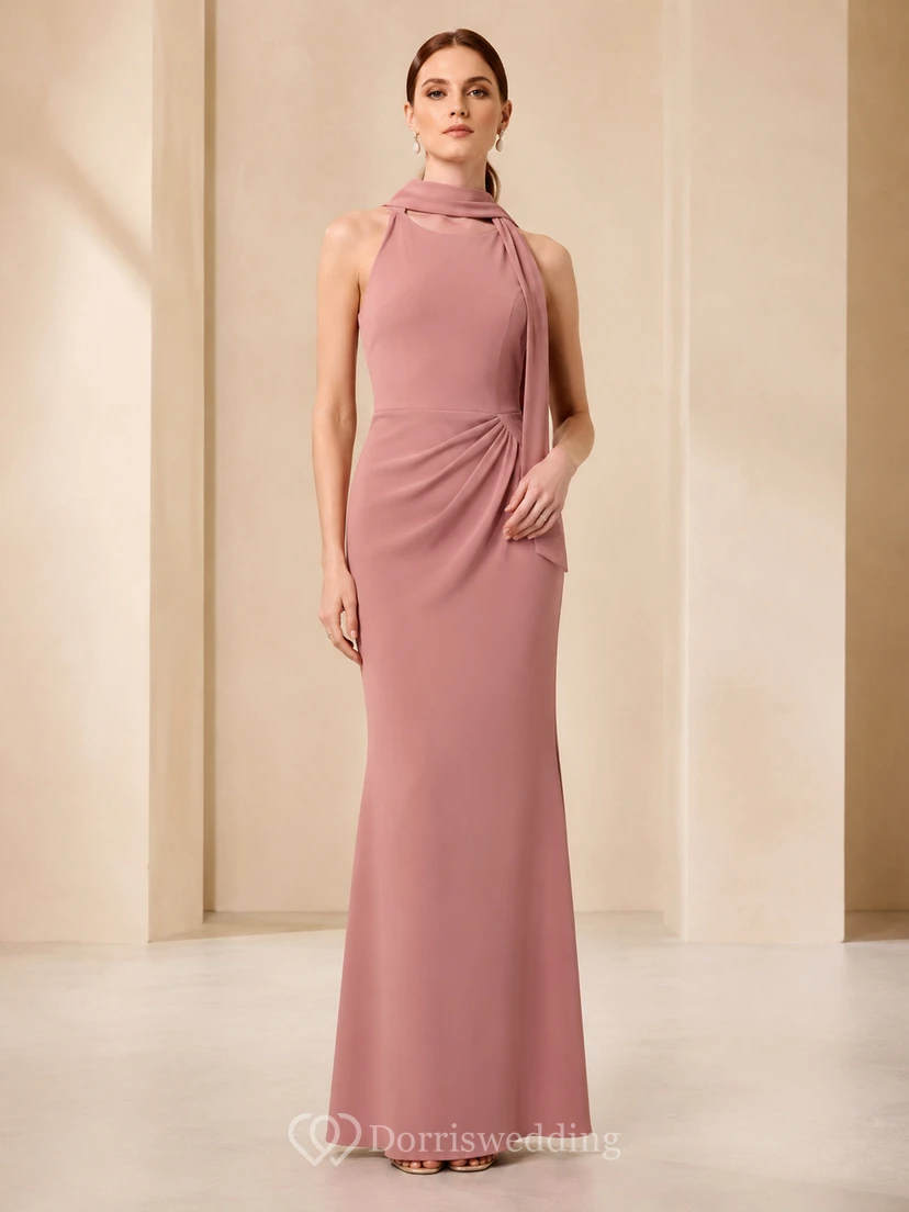 Satin-Säulenkleid mit Schalkragen in Altrosa