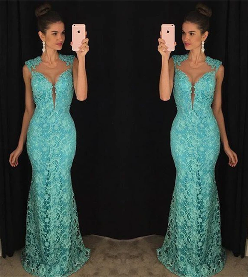 Delicate Lace Mermaid Prom Dress Sleeveless Sweep Train view 2