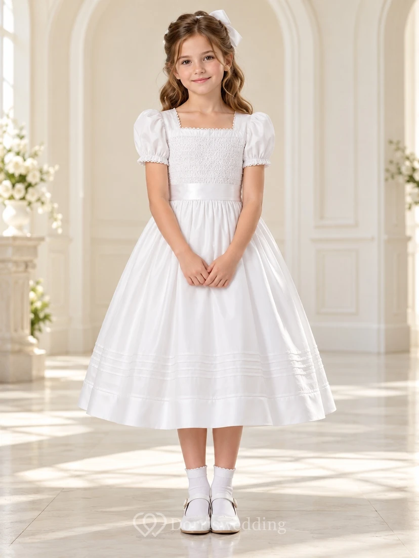 Square Neck Tea-length White Smocked Puff Sleeve Tucked Communion Dress