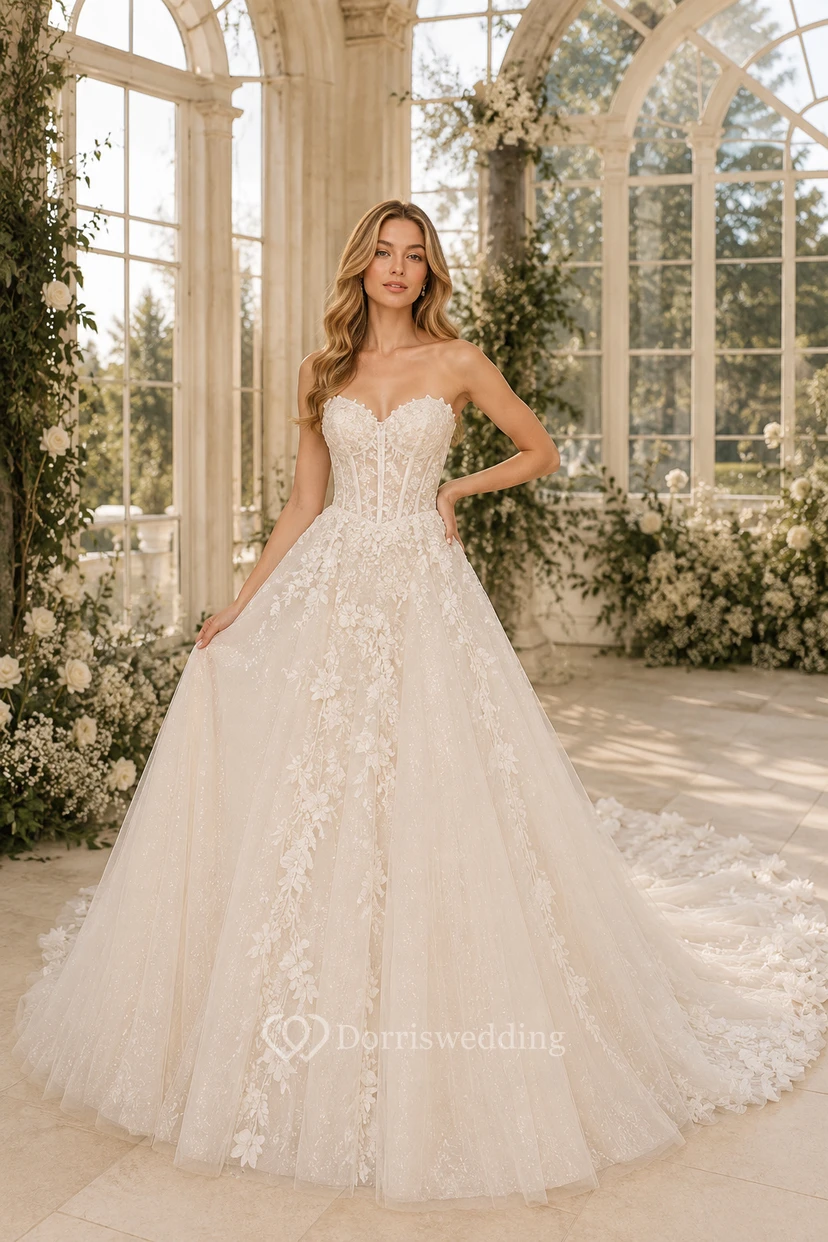 Robe de bal de mariée en dentelle avec bustier et longue traîne