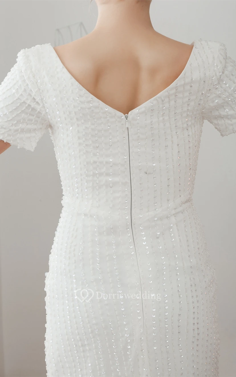 Mini-Sleeve Sheath V-Neck Sweep Train and Dress With Beading view 2
