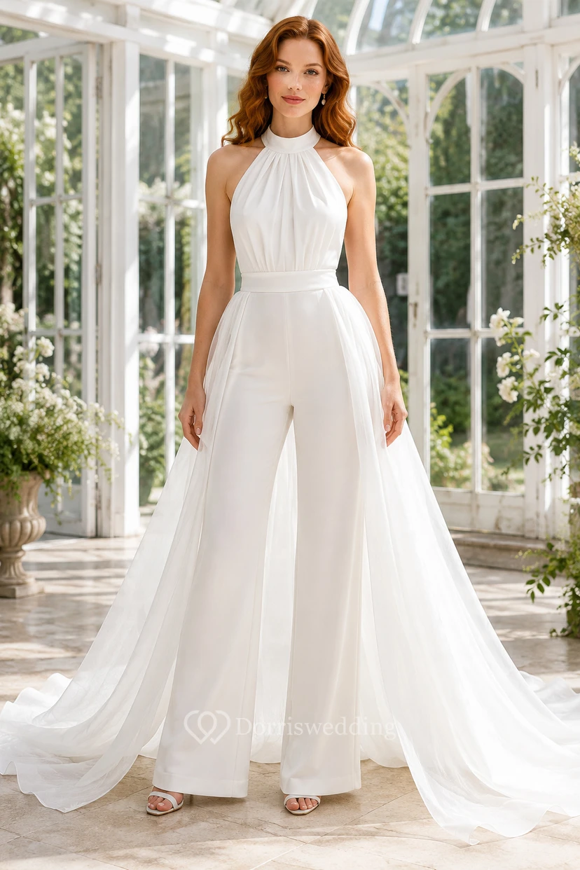 White Halter Bridal Jumpsuit with Chiffon Train