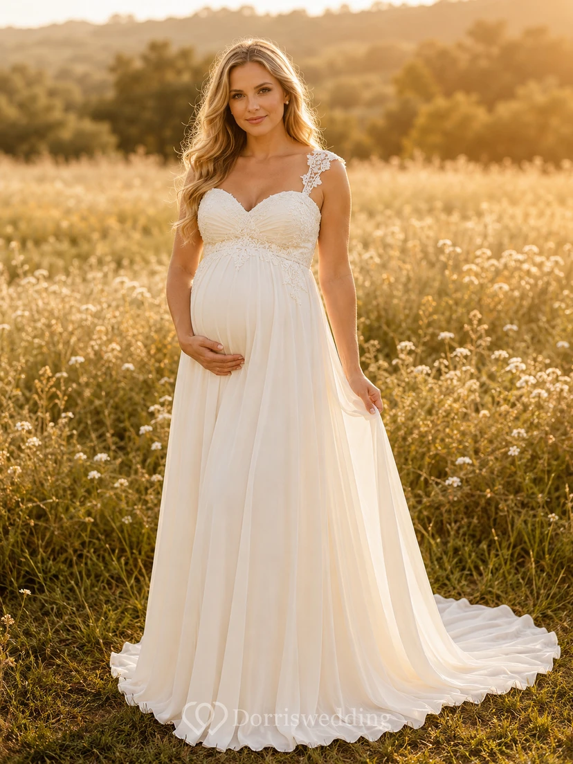 Maternity Wedding Dress Spaghetti Strap Lace Bodice A-Line Country Bridal Gown with Train